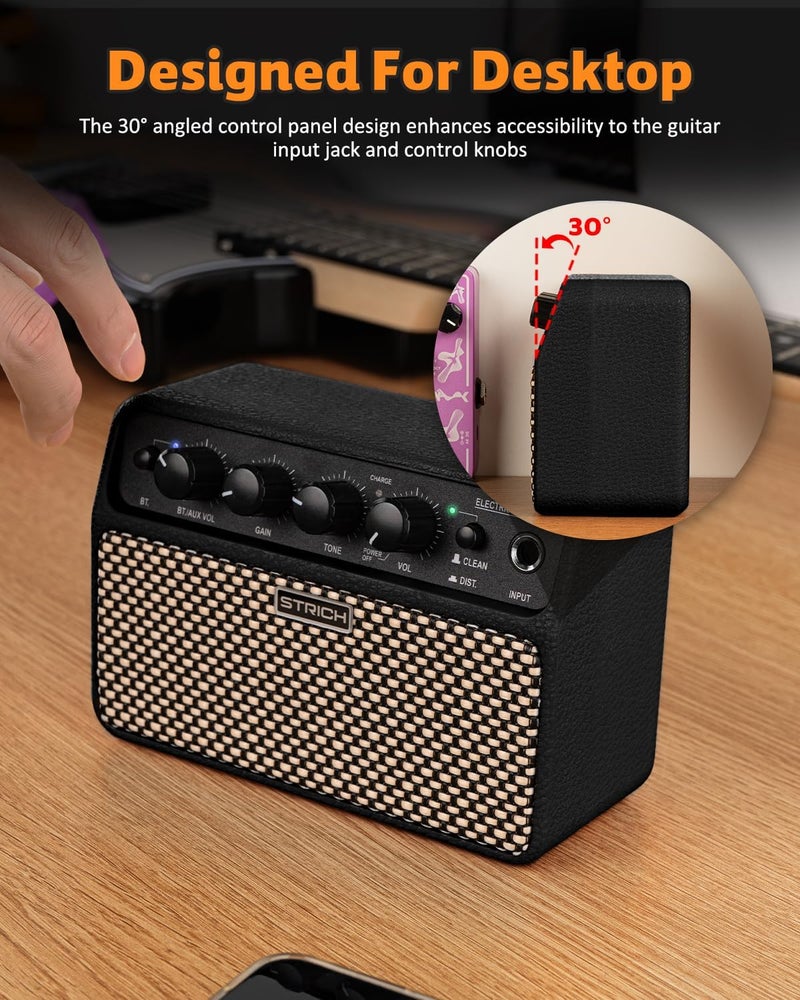 STRICH DSP Mini Electric Guitar Practice Amplifier, 2 x 5W Dual-Speaker Desktop Amp with Clean/Distortion, 3-4H Battery, 3.5mm Headphone Jack, Wireless Portable for Indoor Practice & Travel, Black - Image 2